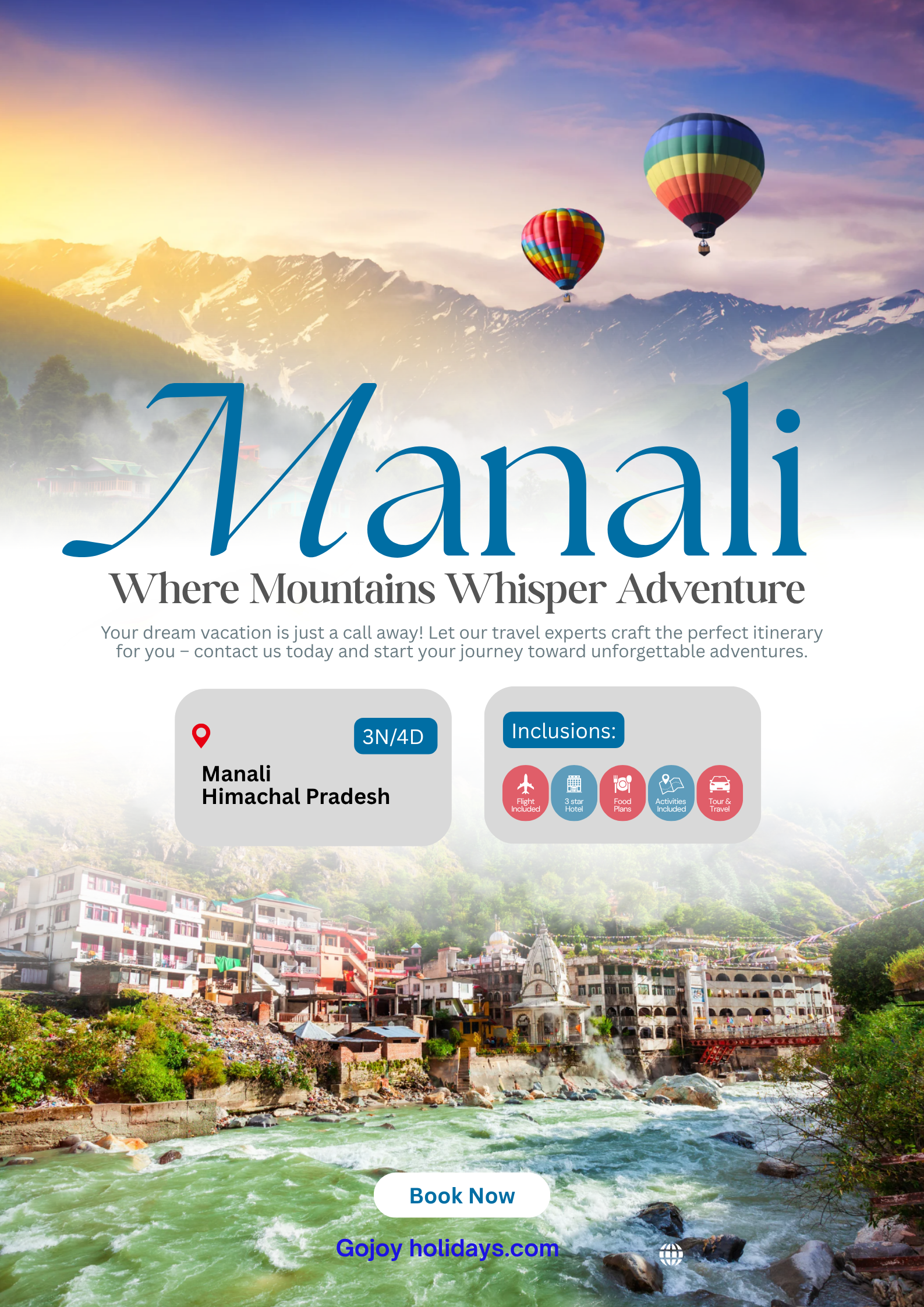blue and white modern manali travel poster